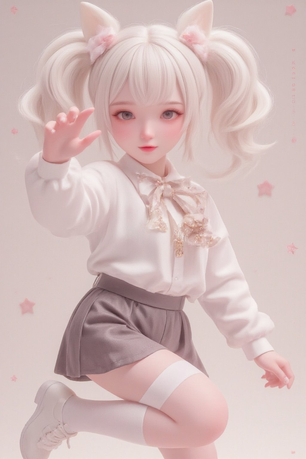 hd,8k,1girl, cute bjd girl, chibi character, chibi. cute background. dynamic pose (jumping), she wears a fancy sporting uniform (shirt, miniskirt, Cute leather shoes), open mouth, long  hair, ponytail hairstyle. little body, full body character. masterpiece. she is happy, cool,smiling. Himecut hairstyle, masterpiece, stars on the sides. loooking at viewer. Blush, tender smile.shiny pantyhose,dance,