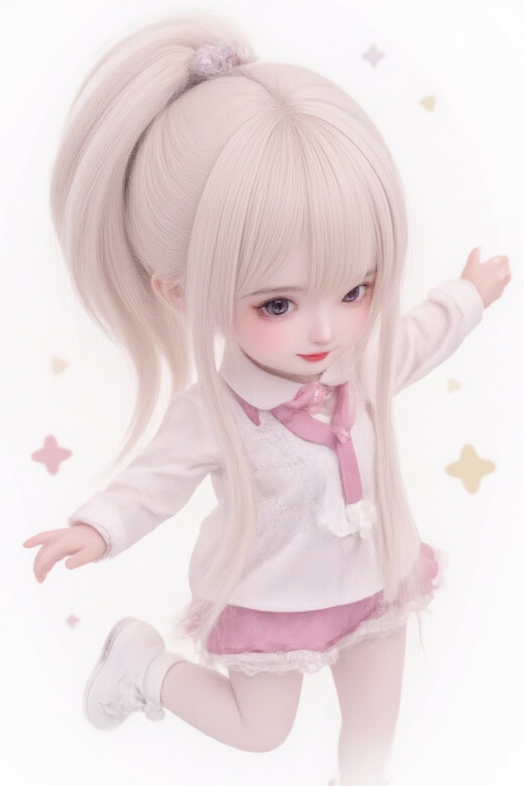 hd,8k,1girl, cute bjd girl, chibi character, chibi. White background. dynamic pose (jumping), she wears a fancy sporting uniform (shirt, shorts, sneakers), open mouth, long  hair, ponytail hairstyle. little body, full body character. masterpiece. she is happy, cool,smiling. Himecut hairstyle, masterpiece, stars on the sides. loooking at viewer. Blush, tender smile.shiny pantyhose,dance,