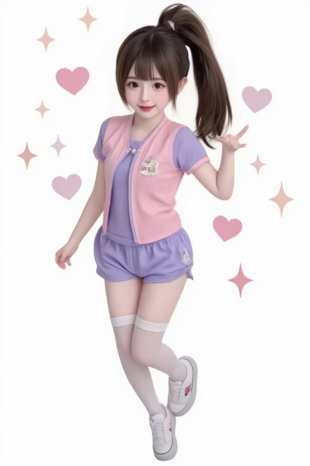 hd,8k,1girl, cute bjd girl, chibi character, chibi. White background. dynamic pose (jumping), she wears a fancy sporting uniform (shirt, shorts, sneakers), open mouth, long  hair, ponytail hairstyle. little body, full body character. masterpiece. she is happy, cool,smiling. Himecut hairstyle, masterpiece, stars on the sides. loooking at viewer. Blush, tender smile.shiny pantyhose,dance,