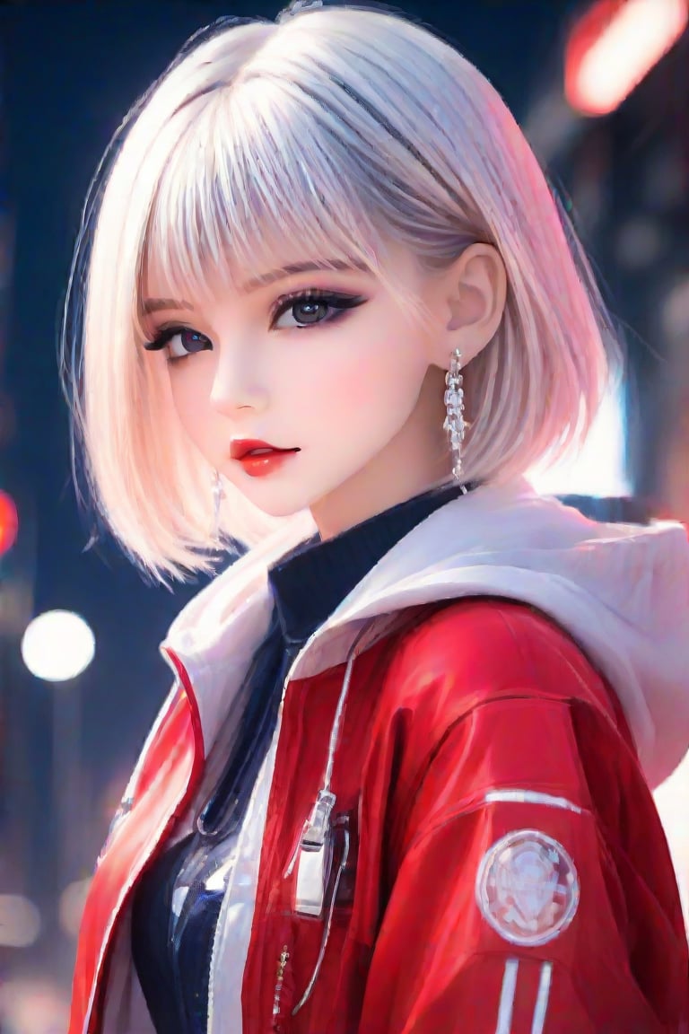 (masterpiece, best quality:1.3), FuturEvoLabAnime, 1girl, solo, looking at viewer, long hair, bangs, pretty eyes,white hair, jewelry, jacket, upper body, earrings, outdoors, parted lips, hood, blurry, red jacket, looking to the side,jk, night, depth of field, blurry background, bob cut, hood down, neon lights, cow_girl_position,