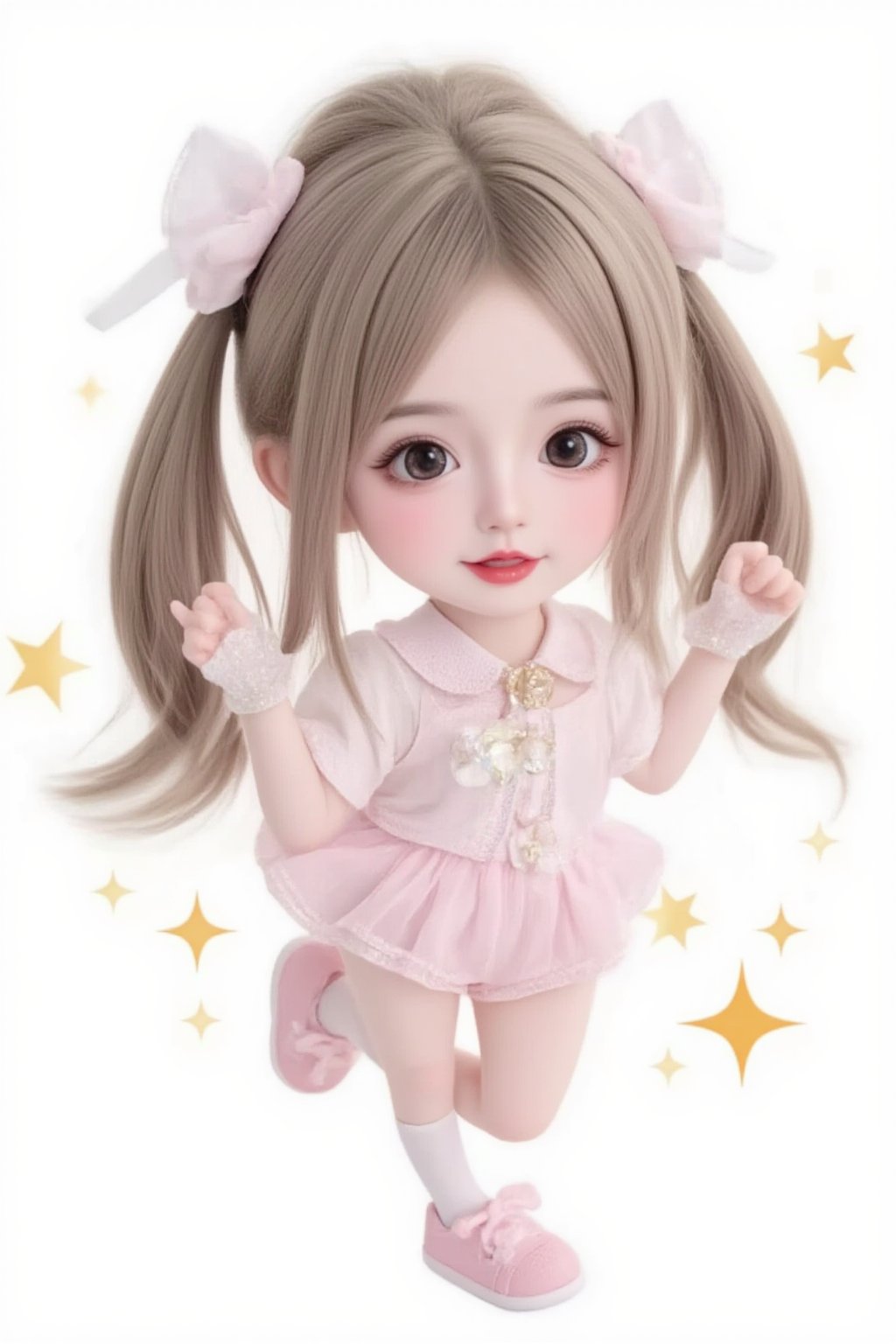 hd,8k,1girl, cute bjd girl, chibi character, chibi. White background. dynamic pose (jumping), she wears a fancy sporting uniform (shirt, shorts, sneakers), open mouth, long  hair, ponytail hairstyle. little body, full body character. masterpiece. she is happy, cool,smiling. Himecut hairstyle, masterpiece, stars on the sides. loooking at viewer. Blush, tender smile.shiny pantyhose,dance,