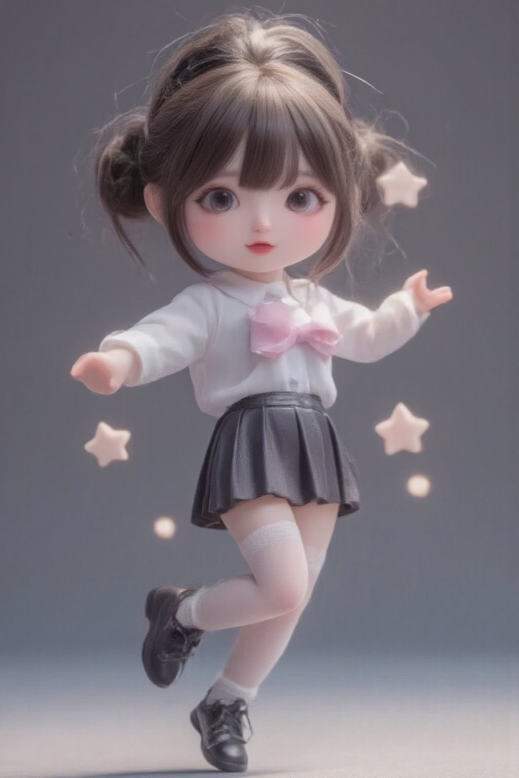 hd,8k,1girl, cute bjd girl, chibi character, chibi. cute background. dynamic pose (jumping), she wears a fancy sporting uniform (shirt, miniskirt, Cute leather shoes), open mouth, long  hair, ponytail hairstyle. little body, full body character. masterpiece. she is happy, cool,smiling. Himecut hairstyle, masterpiece, stars on the sides. loooking at viewer. Blush, tender smile.shiny pantyhose,dance,