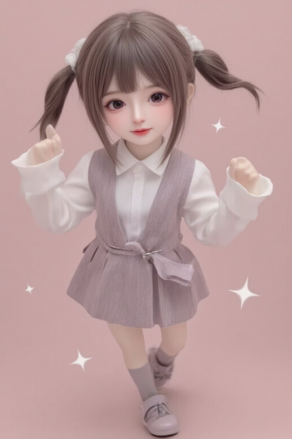 hd,8k,1girl, cute bjd girl, chibi character, chibi. cute background. dynamic pose (jumping), she wears a fancy sporting uniform (shirt, miniskirt, Cute leather shoes), open mouth, long  hair, ponytail hairstyle. little body, full body character. masterpiece. she is happy, cool,smiling. Himecut hairstyle, masterpiece, stars on the sides. loooking at viewer. Blush, tender smile.shiny pantyhose,dance,