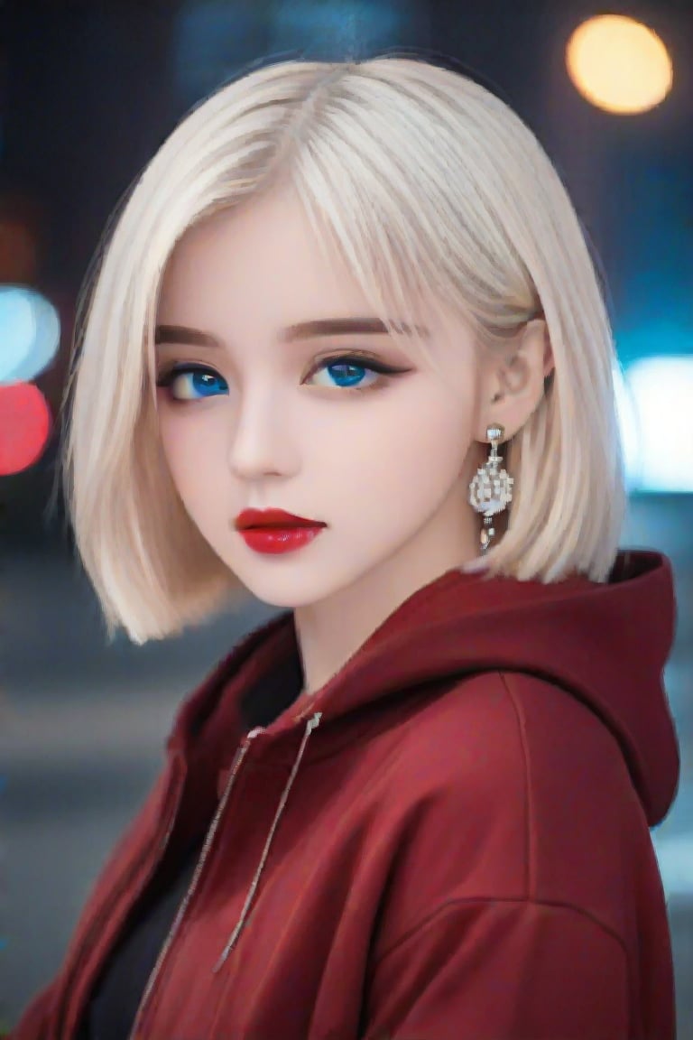 (masterpiece, best quality:1.3), FuturEvoLabAnime, 1girl, solo, looking at viewer, long hair, bangs, blue eyes,white hair, jewelry, jacket, upper body, earrings, outdoors, parted lips, hood, blurry, red jacket, looking to the side,jk, night, depth of field, blurry background, bob cut, hood down, neon lights, 