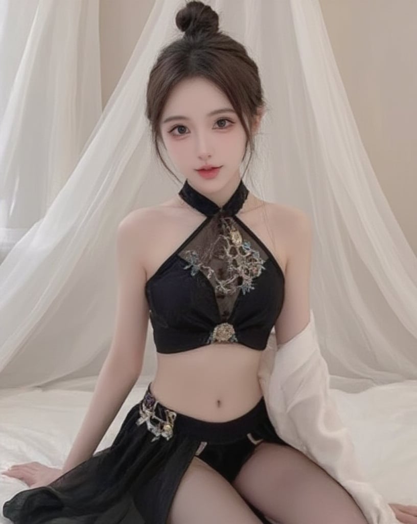 a girl in a black dress sitting on a bed, with a white cloth in the background. She is wearing a belly dance costume, with intricate details and a graceful pose. Her hair is pulled back in a bun and she has a serene expression on her face.bust shot,shiny pantyhose,