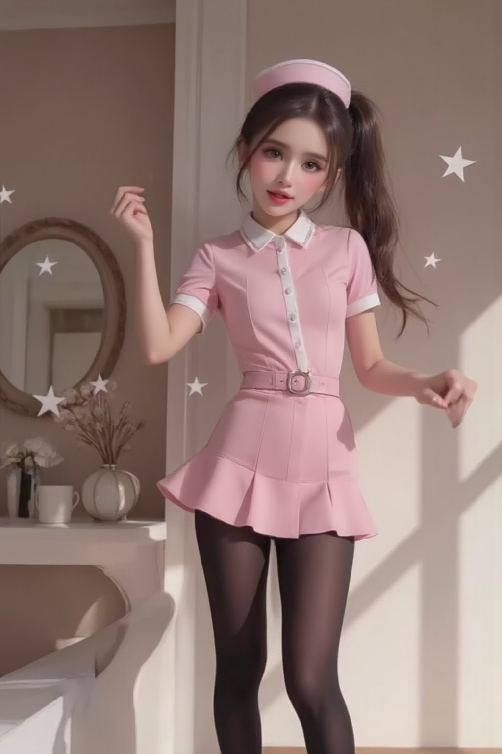 hd,8k,1girl, cute bjd girl, sexy character, nurse. cute background. dynamic pose (jumping), she wears a fancy sporting uniform (shirt, miniskirt, Cute leather shoes), open mouth, long  hair, ponytail hairstyle. little body, full body character. masterpiece. she is happy, cool,smiling. Himecut hairstyle, masterpiece, stars on the sides. loooking at viewer. Blush, tender smile.shiny black oil thin glossy pantyhose,dance,