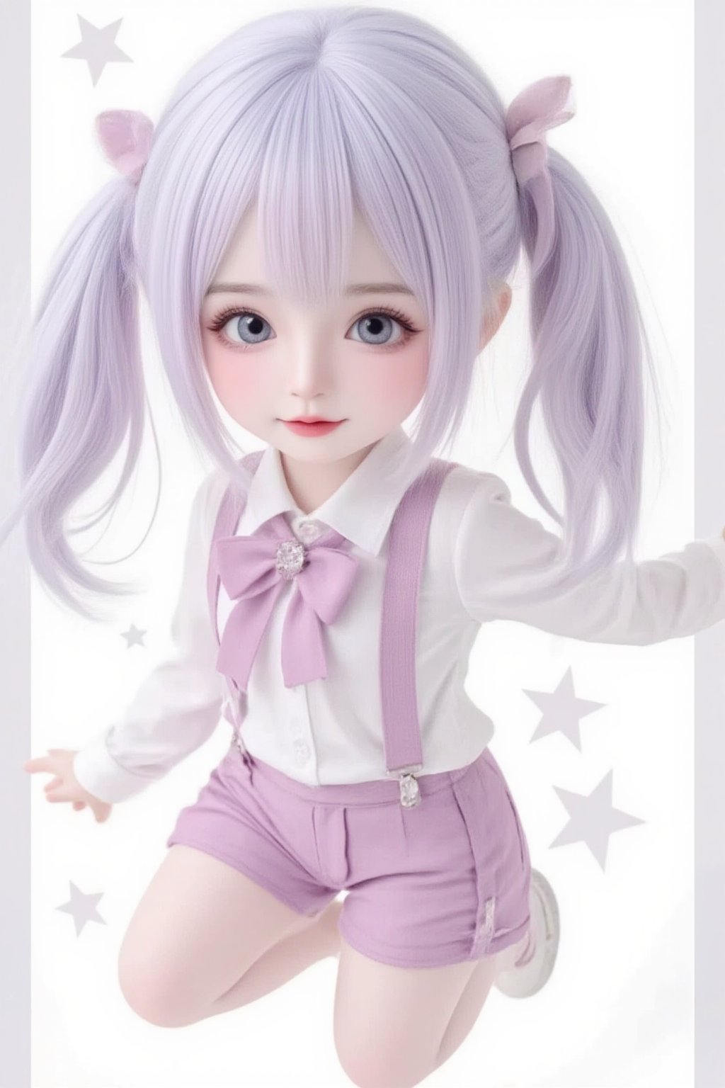 hd,8k,1girl, cute bjd girl, chibi character, chibi. White background. dynamic pose (jumping), she wears a fancy sporting uniform (shirt, shorts, sneakers), open mouth, long  hair, ponytail hairstyle. little body, full body character. masterpiece. she is happy, cool,smiling. Himecut hairstyle, masterpiece, stars on the sides. loooking at viewer. Blush, tender smile.shiny pantyhose,dance,