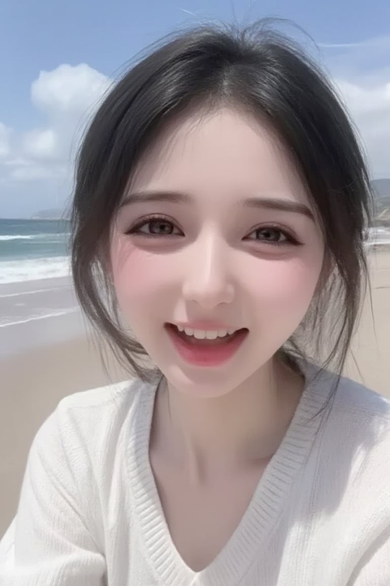 This is a high-resolution, casual half body portrait photo. The subject of the photo is a young woman wearing a white sweater. She has black hair hanging over her shoulders. drop hand, sunlight as if enjoying the sea view. The background shows the beach and the ocean, with waves crashing against  the beach.