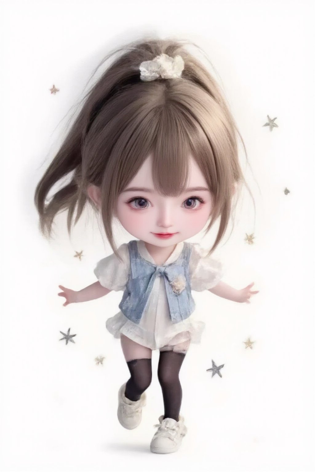 hd,8k,1girl, cute bjd girl, chibi character, chibi. White background. dynamic pose (jumping), she wears a fancy sporting uniform (shirt, shorts, sneakers), open mouth, long brown hair, ponytail hairstyle. little body, full body character. masterpiece. she is happy, smiling. Himecut hairstyle, masterpiece, stars on the sides. loooking at viewer. Blush, tender smile.dance,A retro cinematic experience,disco,shiny pantyhose,cosplay,