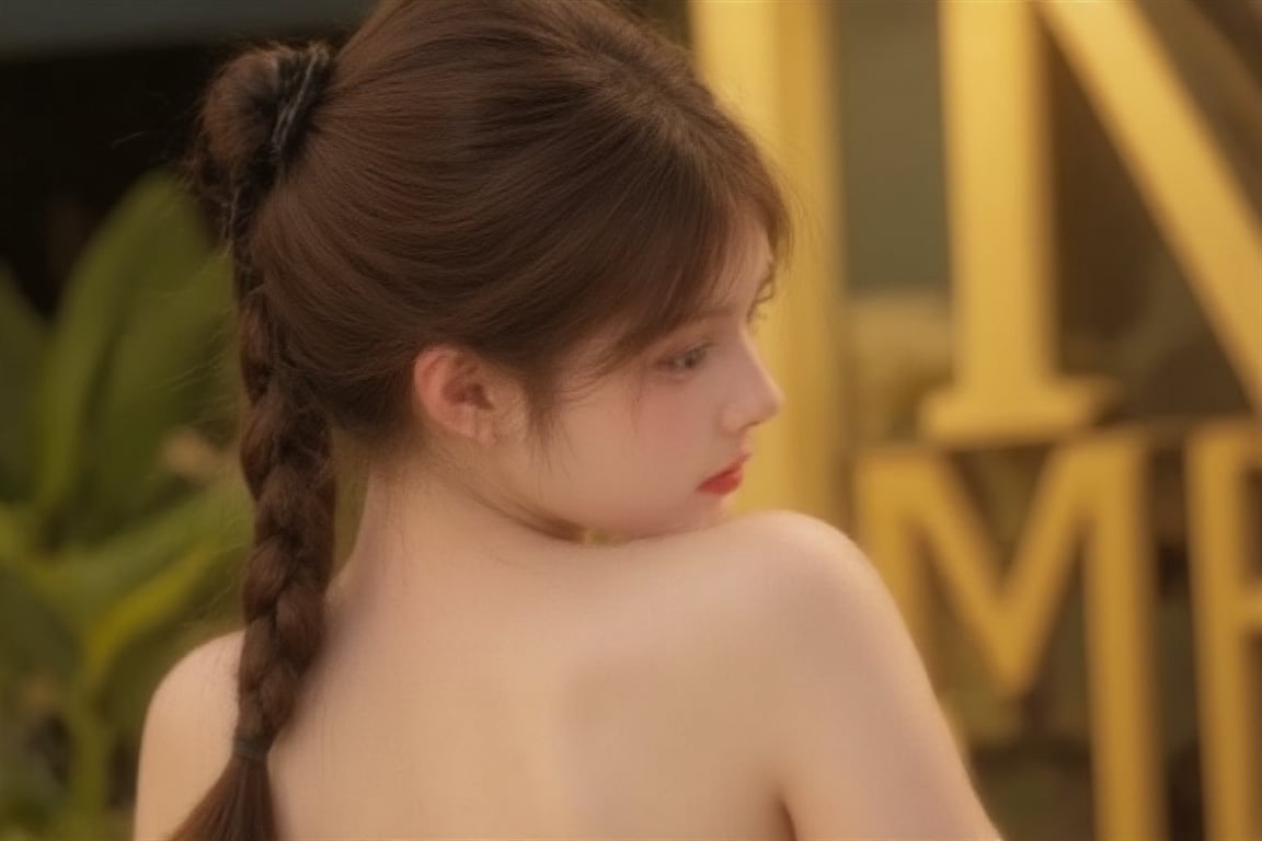 Floodlight,This is a sunlit portrait of a young girl in profile with her back to the camera,bathed in warm,soft light that creates a halo effect around her. Her brown hair is loosely tied back with curls twisting around her face and neck. She is wearing a see-through strapless white dress trimmed with lace. The background is blurred to ensure that the focus is on the subject. The photograph is softly lit and luminous,with delicate romantic tones and an ethereal,dreamy quality. The soft focus enhances the gentle and serene atmosphere of the image., where lush greenery and bold emblazoned words" SUNSHINE "create a striking visual counterpoint to her melancholic countenance, as if bathed in the faint light of the street lamps.(Film grain: 1.2, ultra detailed skin texture)