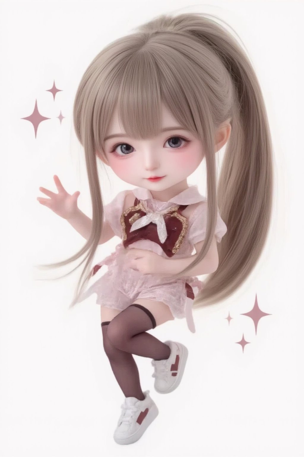 hd,8k,1girl, cute bjd girl, chibi character, chibi. White background. dynamic pose (jumping), she wears a fancy sporting uniform (shirt, shorts, sneakers), open mouth, long  hair, ponytail hairstyle. little body, full body character. masterpiece. she is happy, cool,smiling. Himecut hairstyle, masterpiece, stars on the sides. loooking at viewer. Blush, tender smile.shiny pantyhose,dance,