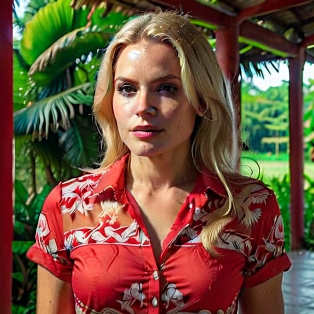 RAW photo,  portrait of a beautiful blonde woman wearing a red shirt (high detailed skin:1.2),  8k uhd,  dslr,  soft lighting,  high quality,  film grain,  Fujifilm XT3,  ((((hands))), 
,island,niji5