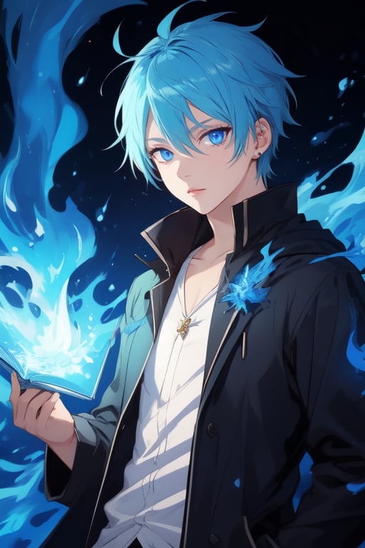 Masterpiece, highest quality, high brightness, 1 boy, blue hair, blue eyes, wizard king, blue flame