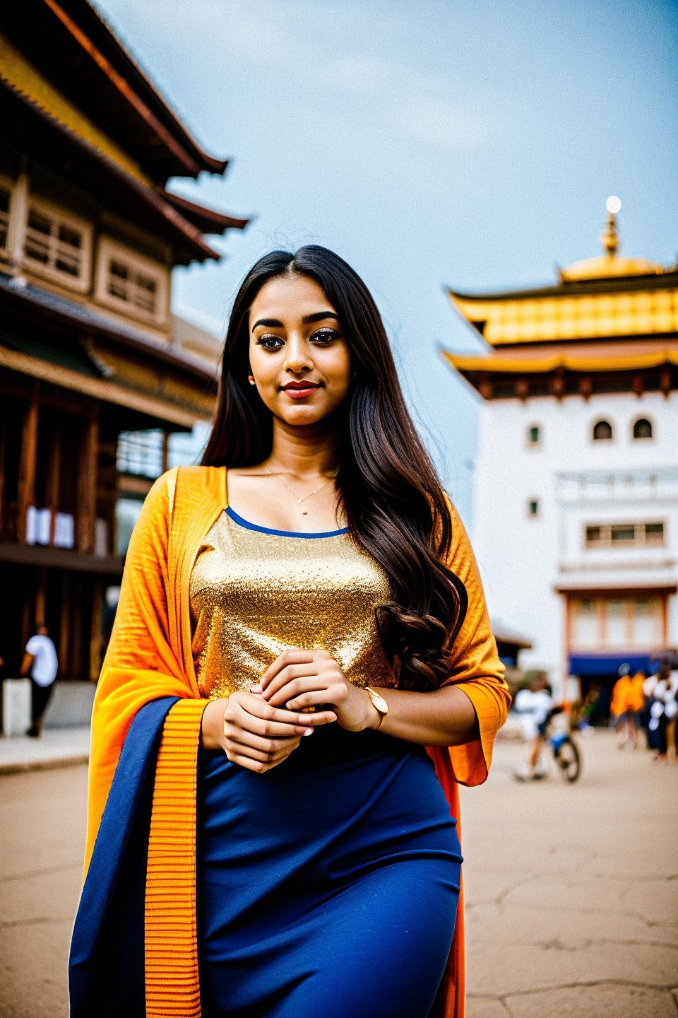 20 year old mallu woman, long curly brown hair,  front view, movie scene, cinematic, high-quality, ultra-detailed, professionally color graded, professional photography.  ( hard light:1.2), (volumetric:1.2), well-lit, double exposure, award-winning photograph, dramatic lighting, dramatic shadows, illumination, long shot, wide shot, full body, at in front of golden temple, smart watch on left hand, happy_face, Fast shutter speed, 1/1000 sec shutter, embroidered traditional indian dress,Mallu