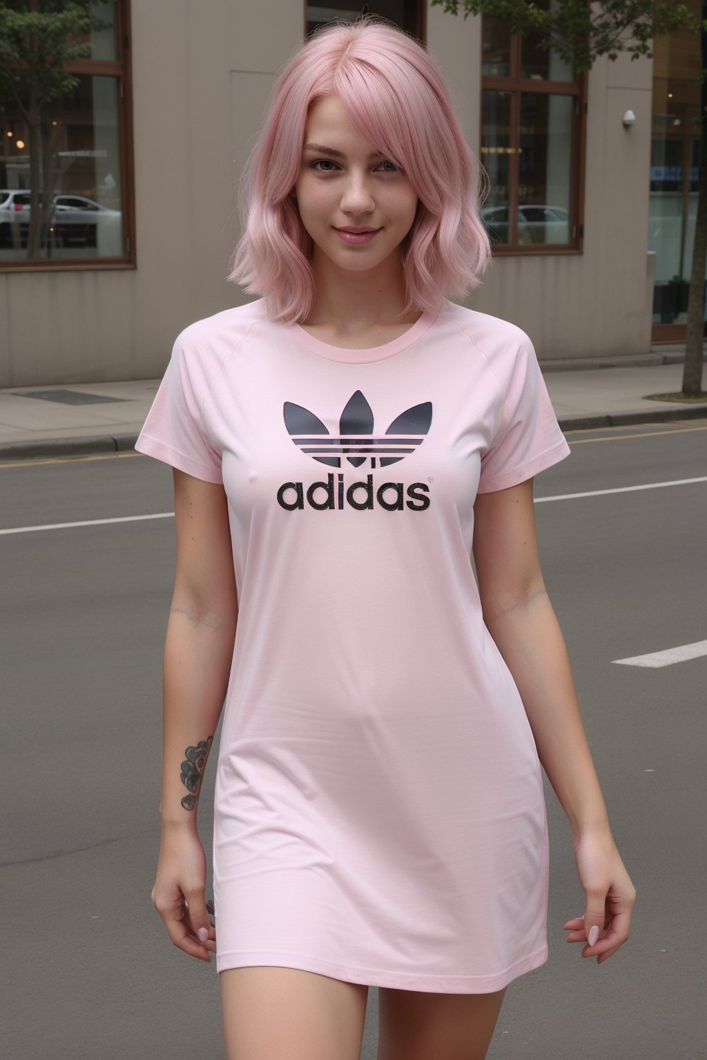young woman, pink hair, sexy adidas tshirt dress, raw-photo