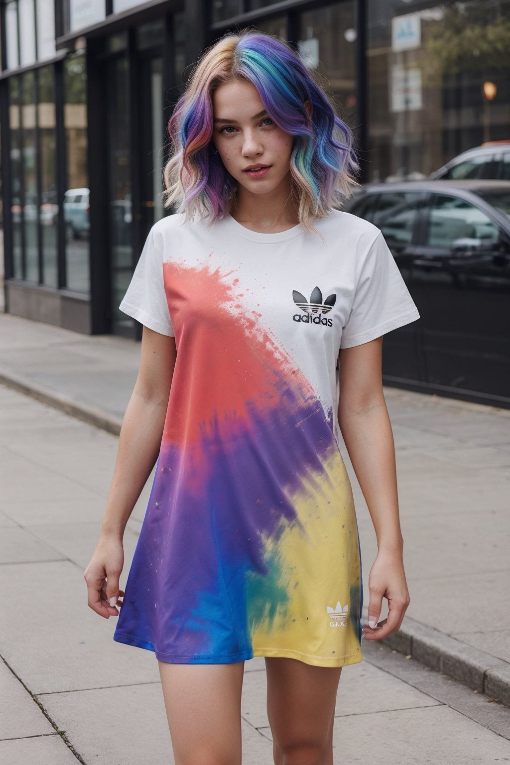 Young woman, fashion model, messy rainbow color hair,  Adidas short t-shirt dress
