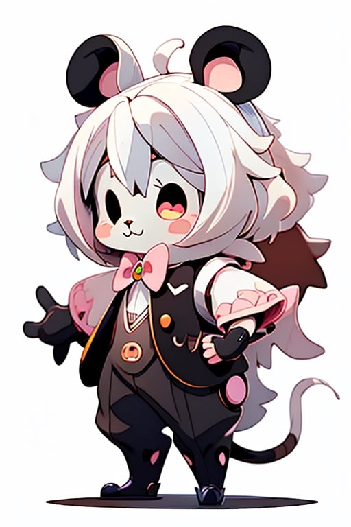 cartoon mouse wear black waistcoat, centered, full body, no_humans, Depth of field, ((white-background, empty background)), (kawaii:1.3), (anime:1.4), cute, round eyes, (Best quality, masterpiece:1.2), design, mascot concept, inspiration, straight line, perfect hands, 2D