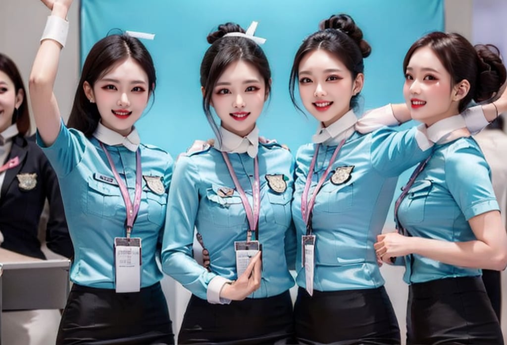 slim flight crew with beautiful face, single hair bun, black hair, wearing blue stain shirt and white pencil skirt, silk scarf, name tag, flight badge, celebrating, have fun, multiple girls,