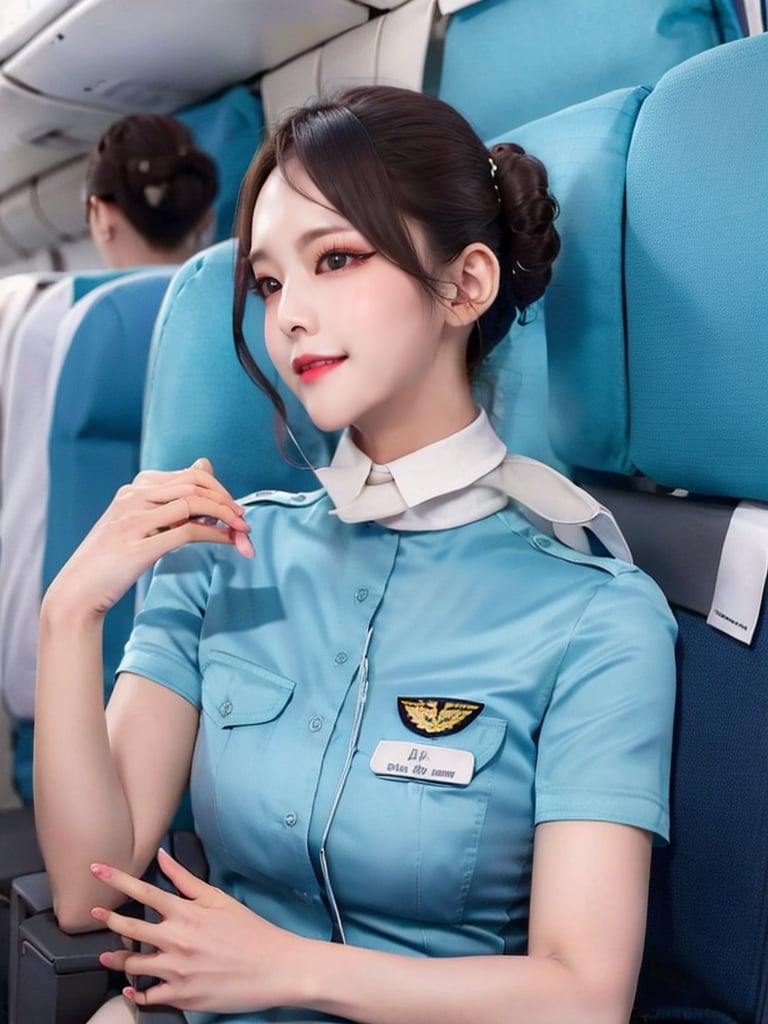 1 slim flight crews with beautiful and small face, single bun hair, wearing blue stain shirt and white pencil skirt, name tag, silk scarf, flight badge, black pantyhose, hand on shoulde, from front, look aside, in flight cabin, best quality, 4K resolution,