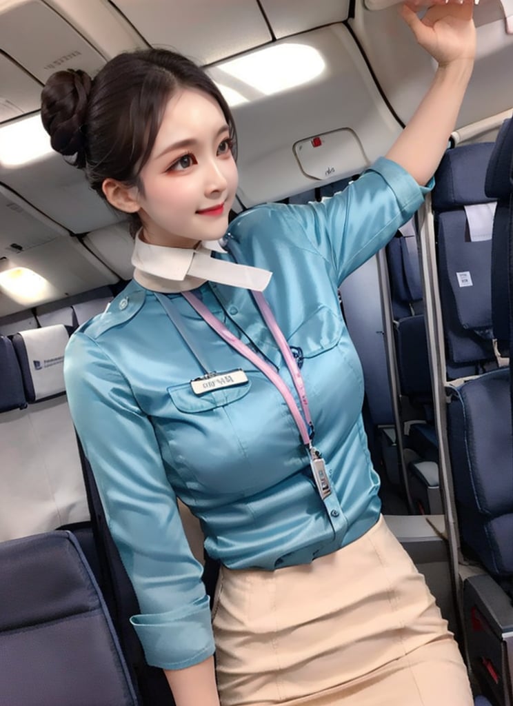 1 slim flight crew with beautiful face, single hair bun, black hair, wearing blue stain shirt and white pencil skirt, silk scarf, name tag, flight badge, from front, professional, (solo:1.2), in flight