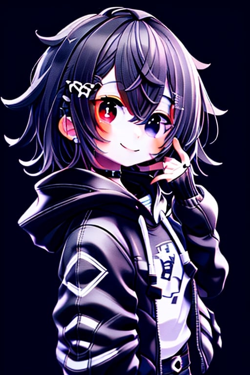 An illustration of a black-haired gamer boy, looking forward with a small smile, wearing a black jacket and detailed black hood and red detailing, with a light red right eye pupil, black background with a small 