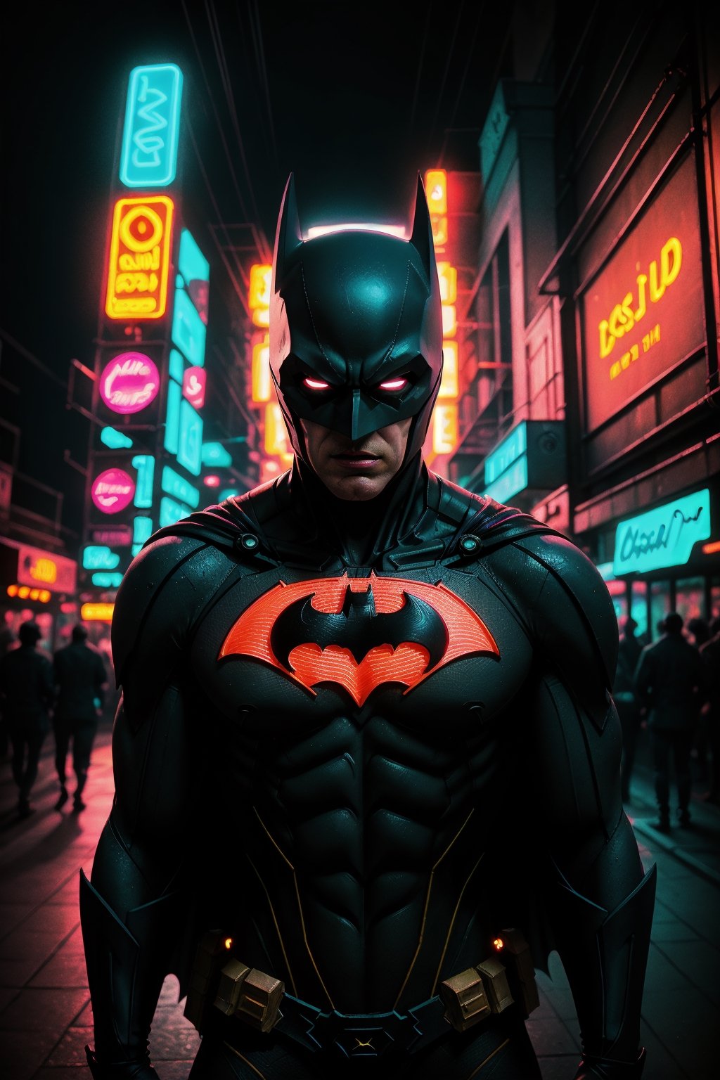 Batman Beyond from DC Comics, neon photography style, focus, looking at viewer, upper body, solo, night time, outdoors, dark,depth_of_field,neon light,realistic,