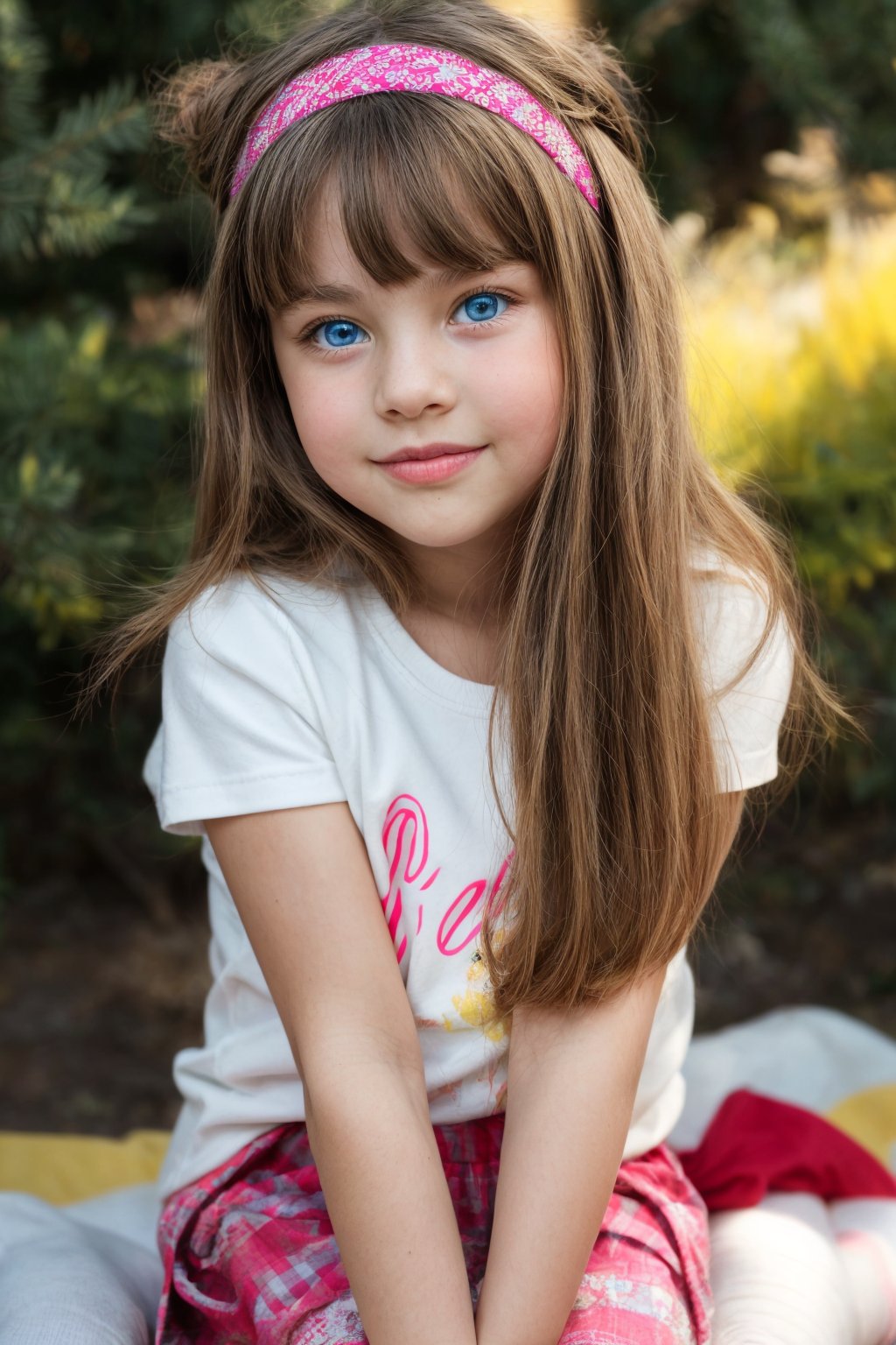 ull body shot of a tween girl with a beautifully detailed face and realistic skin, gazing off-camera with bright, curious blue eyes. Her medium-length hair is styled in a cute, practical way, with a small, colorful headband that adds a playful touch. Her heart-shaped face is framed by her hair, highlighting her small nose and rosy cheeks. Her complexion has a natural, youthful glow, enhancing her fresh and innocent appearance.

She is dressed in a fun and child-friendly outfit: a cheerful, brightly colored t-shirt with a whimsical design, paired with a high-waisted, flared skirt. The skirt is designed to be playful and comfortable, with a fun, colorful pattern. She wears knee-high socks with cute patterns and comfortable sneakers.

The image focuses on her relaxed and joyful demeanor, with her hands resting naturally by her sides. The skirt has a playful design, but the focus remains on her cheerful, age-appropriate clothing and natural, youthful charm.

The ultra-realistic image is presented in 8K resolution with RAW quality, capturing every detail from the softness of her facial features to the vibrant colors and textures of her playful outfit.

