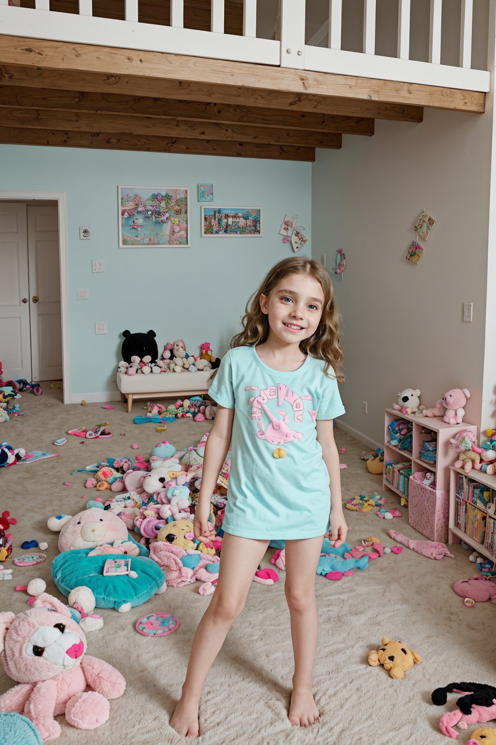 A quiet Afternoon at home. The 8-year-old tween Girl is surprised by Spontaneous Shot in her natural habitat. the camera captures a carefree moment. playfulness. surrounded by scattered plush toys and clothing scattered across the floor. She wears very colourful and sexy clothing and has natural pale blue eyes. Childlike charm.