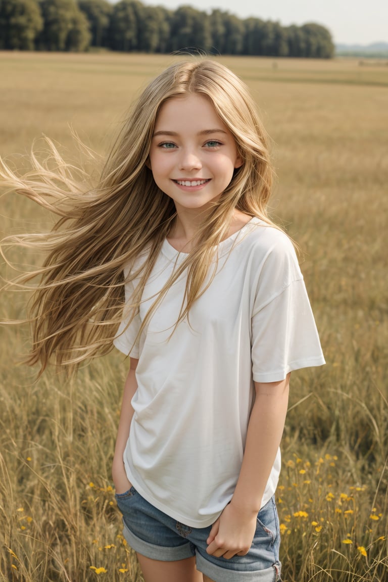 little girl, k1nd3r, 11 years old little tween girl, blonde hair flowing by wind,smiling happily, wearing summer 
casual daily clothing. Afternoon spring, front view, blur grassland behind girl. tween images by Dubnitskiy Davi