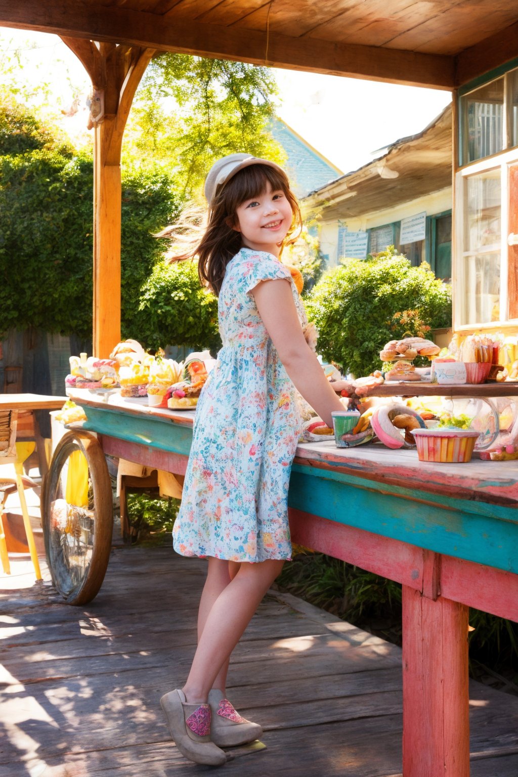 Whimsy-filled watercolor world: Soft focus captures a free-spirited girl, surrounded by vibrant donuts and a curious cat on a vintage-inspired porch. Warm sunlight casts a gentle glow, highlighting the curved lines of wooden planks framing the scene. Delicate brushstrokes bring to life colorful treats, whimsical whiskers, and an atmosphere of carefree joy.