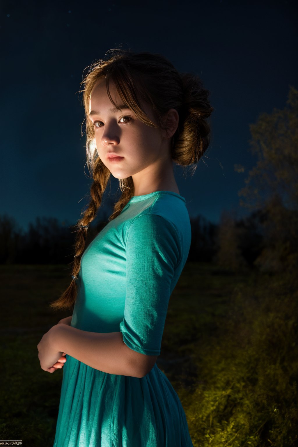 High resolution, extremely detailed, atmospheric scene, masterpiece, best quality, 64k, high quality, (HDR), HQ, 1girl, solo, (1 ghost girl), super cute, milkmaid braids hairstyle, worried face, in At the Harmonic Glade with Melodious Elemental Pools , magical auroras dancing across the sky casting vibrant colors and a sense of awe , Watch, Armlet, ultra slender body, bones visibles,