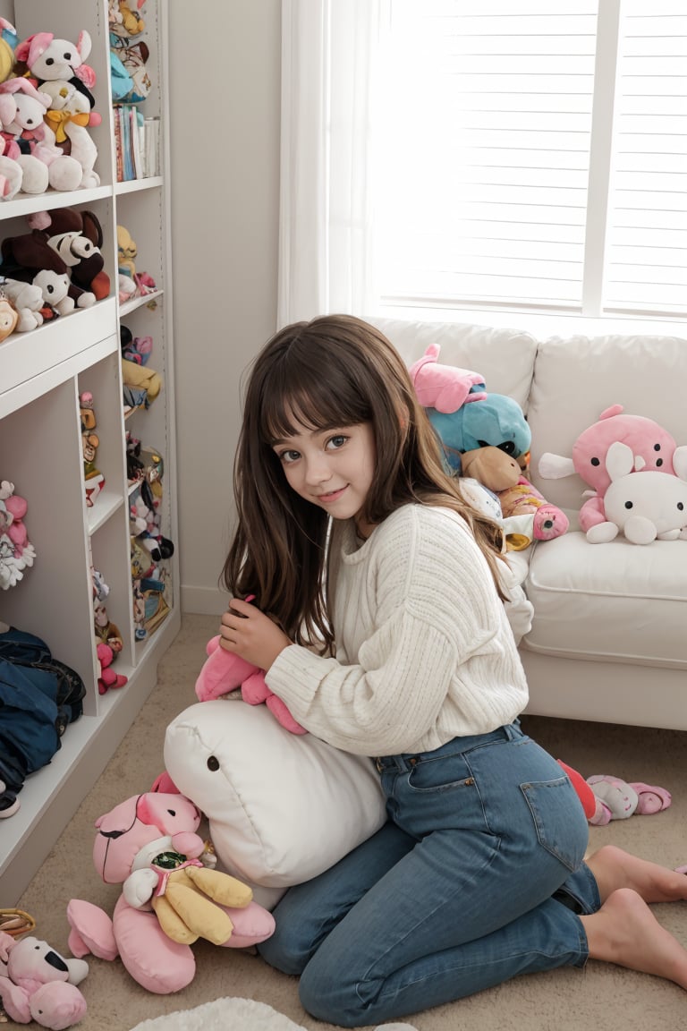 A quiet Afternoon at home. Girl is surprised in of Spontaneous Shot in her natural habitat. the camera captures a carefree moment.  playfulness. surrounded by scattered plush toys and clothes.