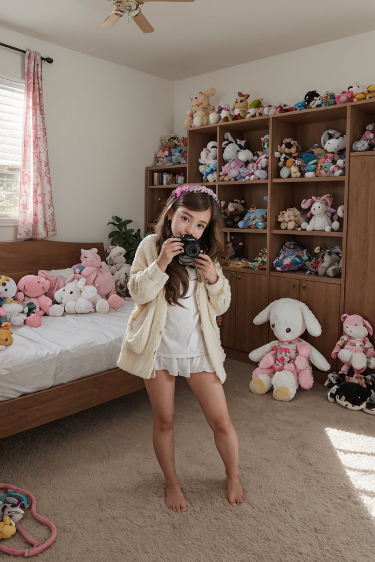 A quiet Afternoon at home. Girl is surprised in of Spontaneous Shot in her natural habitat. the camera captures a carefree moment.  playfulness. surrounded by scattered plush toys and clothes.