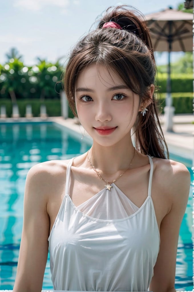 A beautiful female college student with big breast, solo, expressive eyes, lively and vibrant, possessing a great temperament and a cute ponytail, necklace, small earrings, cowboy_shot, calm smile, blurry background, film grain, 50mm, photography, masterpiece, thin waist,((upper body:1.8)), facing camera smiling, swimming pool, wearing a white see through one piece swimsuit, don't show cleavage
