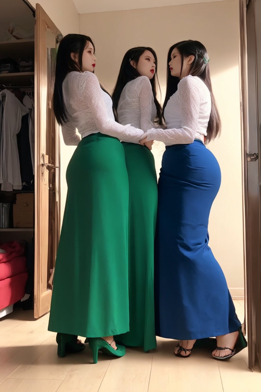 ( full body )In the dressing room, four angry women from different lifestyles confront other gay men.  binding  hands tied behind the back; (emerlad Red and  blue and green long skirt),