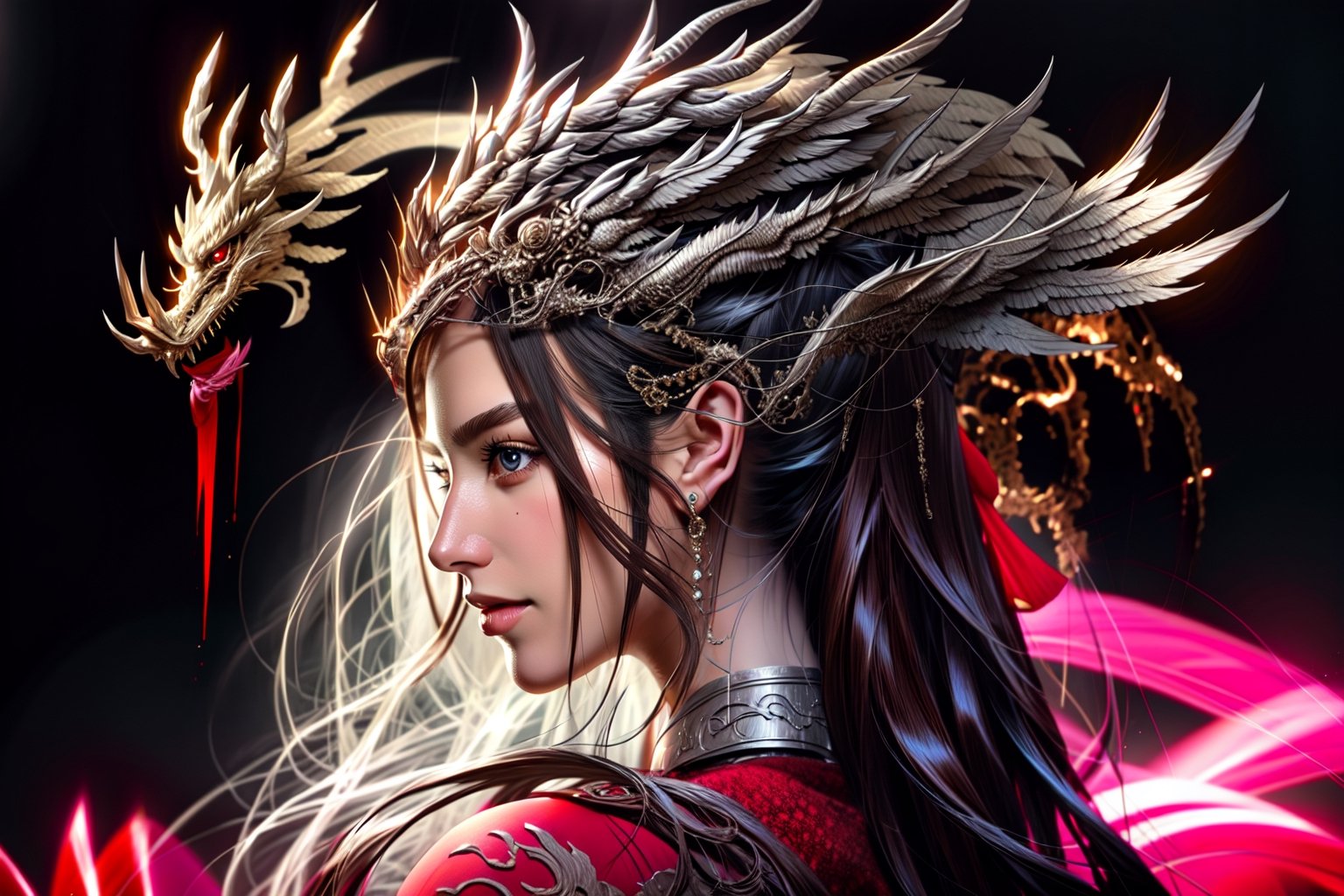 Full body, outer_space,  Chinese female, human face, dragon skin, dragon scale pattern ,holding dragon head weapon, with long white hair,dragon-themed, complex background:1.1,Chinese Dragon,Mecha,Cyberpunk,Katon
symmetrical face with flirty gaze and soft smile, a small earrings, ultra hd, realistic, vivid colors, highly detailed, UHD drawing, pen and ink, perfect composition, beautiful detailed intricate insanely detailed octane render trending on artstation, 8k artistic photography, photorealistic concept art, soft natural volumetric cinematic perfect light,realhands,dragonbaby,