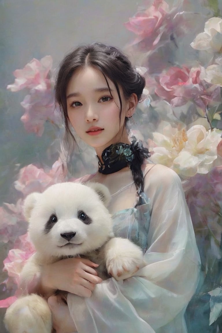 (best quality,masterpiece,highres,8K,raw image),ultra detailed, realistic detailed, hyper realistic, Generate hyper realistic image of a beautiful Chinese young woman cuddling a stuffed panda, flowy black hair, eye contact, kind smile, realistic detailed glowing floral outfits, expressive jewelry, bliss, joyful, well lit abstract art background,colorful,FlowerStyle,NYFlowerGirl,xxmixgirl