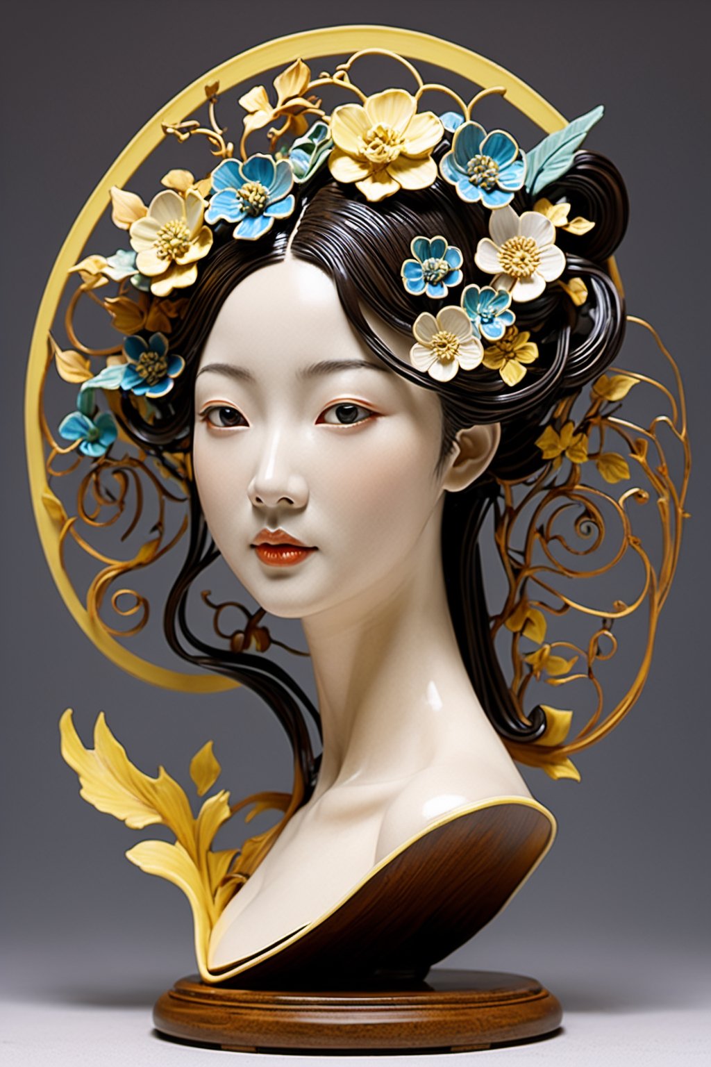 Art Nouveau bust of a Chinese classical dance decoration with and orbe begin of her (the sense of dynamism and movement given by asymmetrical or whiplash lines, crafts produced by fractal art) inspired by natural shapes such as plants + flowers + women's bodies + fish + bird's supple curves, Create unusual shapes in the style of Gustav Klimt and Alphonse Mucha, Using modern materials, especially iron + glass + ceramic + concrete, leonardo,organ,Young beauty spirit, hyper-realistic, intricate detail, ani_booster,aesthetic portrait,xxmixgirl