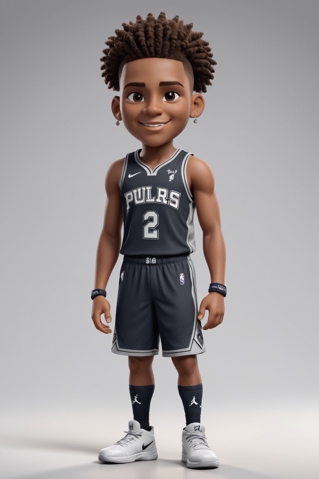 (full body) Tribal version mascot of cute and cubby,  San Antonio Spurs team, cool expression, winner pose, masterpiece artwork, white accent, detailed face features, brown eyes, dark skin, curly hair sharp eyes, extremely detailed, intricate details, muted color scheme, subtle gradients, photorealistic, 8k, 3d style,（（（Victor Wembanyama's face）））