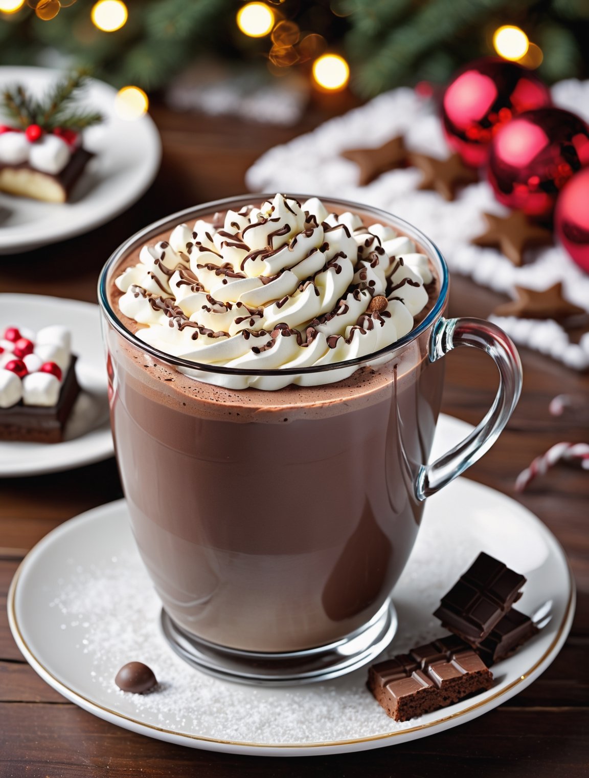 ((anime)), delicious dessert and a glass cup of hot chocolate, Christmas setting, dynamic angle, depth of field, detail XL,