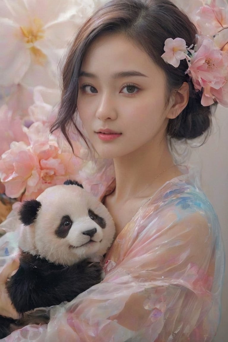 (best quality,masterpiece,highres,8K,raw image),ultra detailed, realistic detailed, hyper realistic, Generate hyper realistic image of a beautiful Chinese young woman cuddling a stuffed panda, flowy black hair, eye contact, kind smile, realistic detailed glowing floral outfits, expressive jewelry, bliss, joyful, well lit abstract art background,colorful,FlowerStyle,NYFlowerGirl,xxmixgirl