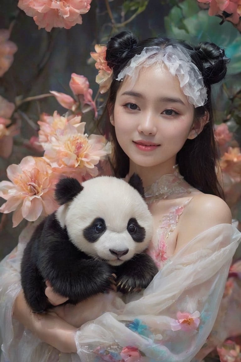 (best quality,masterpiece,highres,8K,raw image),ultra detailed, realistic detailed, hyper realistic, Generate hyper realistic image of a beautiful Chinese young woman cuddling a stuffed panda, flowy black hair, eye contact, kind smile, realistic detailed glowing floral outfits, expressive jewelry, bliss, joyful, well lit abstract art background,colorful,FlowerStyle,NYFlowerGirl,xxmixgirl