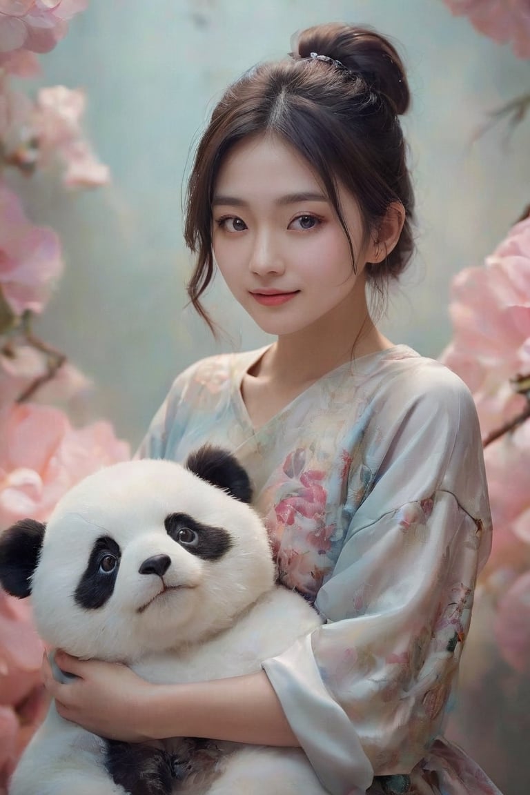 (best quality,masterpiece,highres,8K,raw image),ultra detailed, realistic detailed, hyper realistic, Generate hyper realistic image of a beautiful Chinese young woman cuddling a stuffed panda, flowy black hair, eye contact, kind smile, realistic detailed glowing floral outfits, expressive jewelry, bliss, joyful, well lit abstract art background,colorful,FlowerStyle,NYFlowerGirl,xxmixgirl