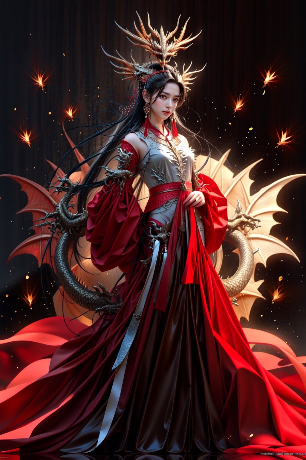 Full body, outer_space,  Chinese female, human face, dragon skin, dragon scale pattern ,holding dragon head weapon, with long white hair,dragon-themed, complex background:1.1,Chinese Dragon,Mecha,Cyberpunk,Katon
symmetrical face with flirty gaze and soft smile, a small earrings, ultra hd, realistic, vivid colors, highly detailed, UHD drawing, pen and ink, perfect composition, beautiful detailed intricate insanely detailed octane render trending on artstation, 8k artistic photography, photorealistic concept art, soft natural volumetric cinematic perfect light,realhands,dragonbaby,