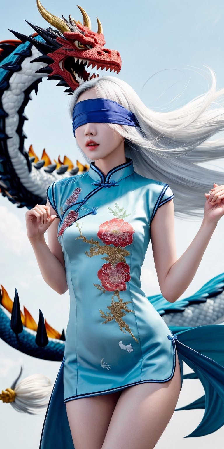duotone white and blue,1girl,flowers,cheongsam,Embroidery,Long hair, , white hair,(blindfold),The wind blows, close-up,chinese dragon
,oil paint,Chinese girl,NYFlowerGirl,1 girl,dragonbaby,beaded flower decoration,Long Legs and Hot Body