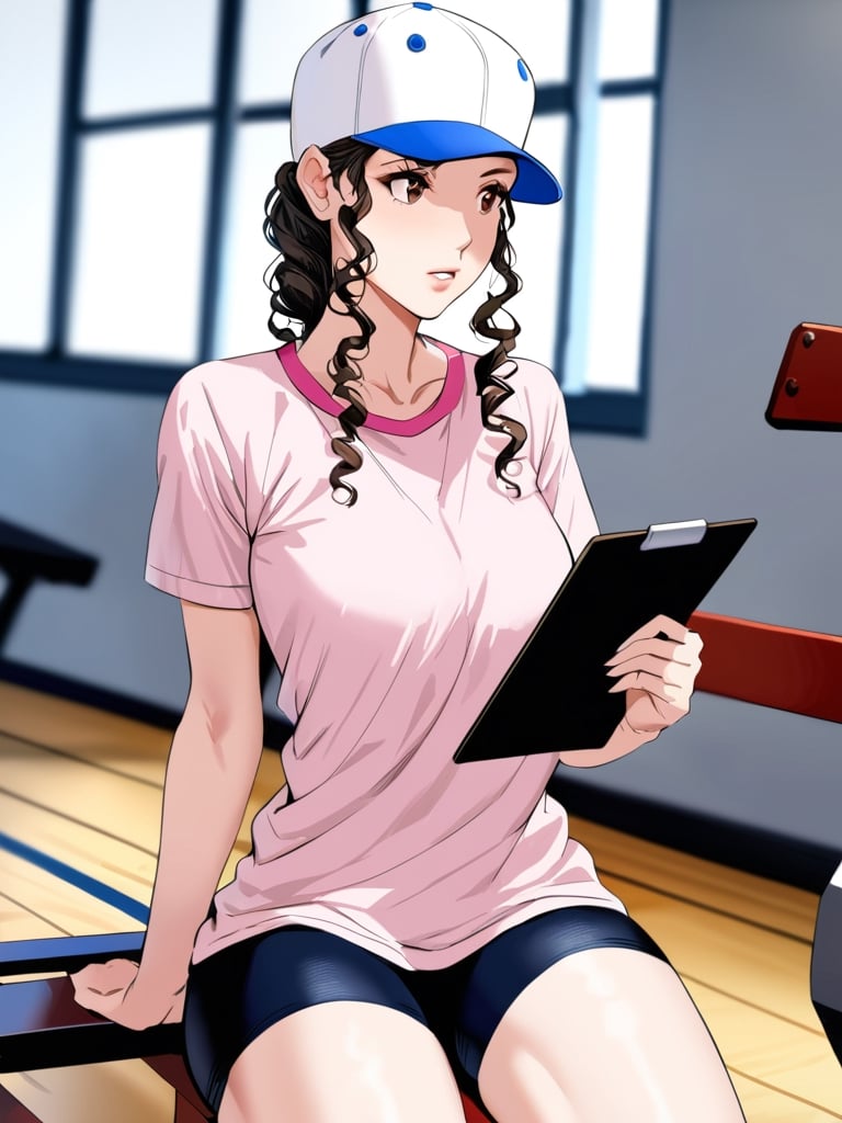 slamdunkayak0, baseball cap, pink tshirt, bike shorts, wood floor, gymnasium, sitting on bench, holding clipboard, looking at clipboard, cowboy shot, facing foward, masterpiece, ultra high resolution, best quality, 1080p