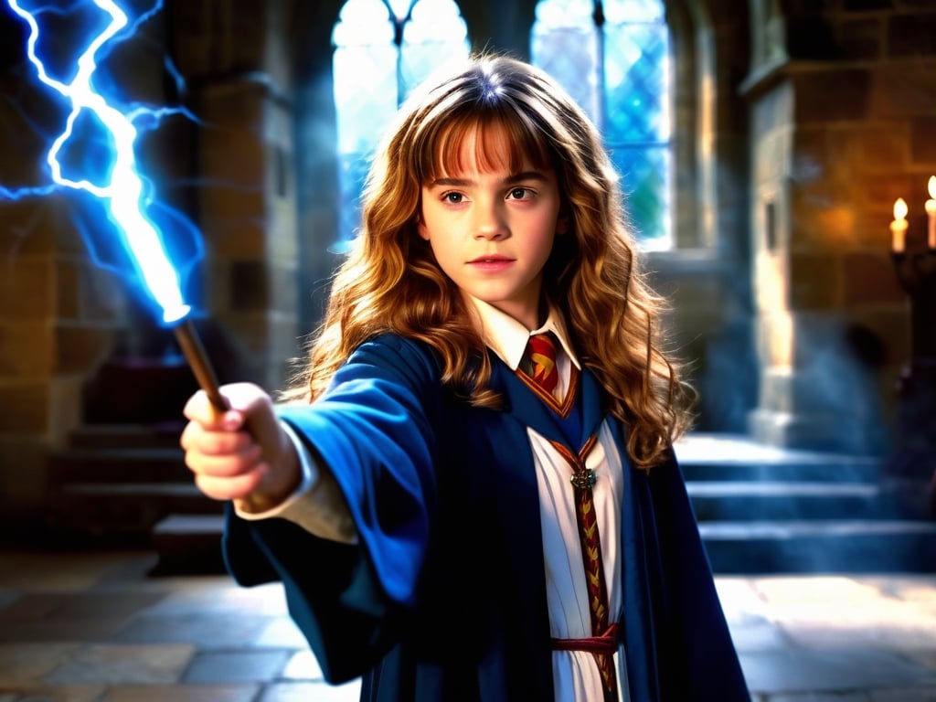 hermione11granger, photo of girl, brown long wavy hair, bangs, flat chest, front view, school robe, in castle grounds, holding one wand, casting a spell, blue lightning, magical, masterpiece, photorealistic, natural lighting, best quality, natural textures