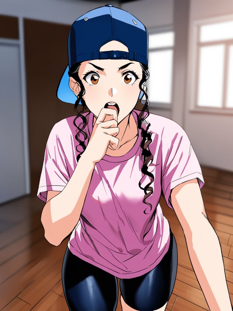 slamdunkayak0, baseball cap, backwards hat, pink tshirt, bike shorts, wood floor, gymnasium, standing, hand next to mouth, shouting, cowboy shot, facing foward, masterpiece, ultra high resolution, best quality, 1080p