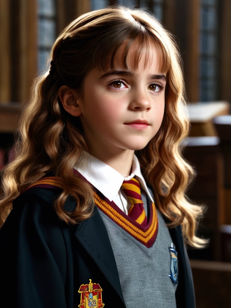 (hermione11granger), photo of young girl, brown hair, wavy hair, standing, school uniform, photorealistic, UHD, extremely detailed, masterpiece, realistic lighting, natural textures, high-resolutipn details