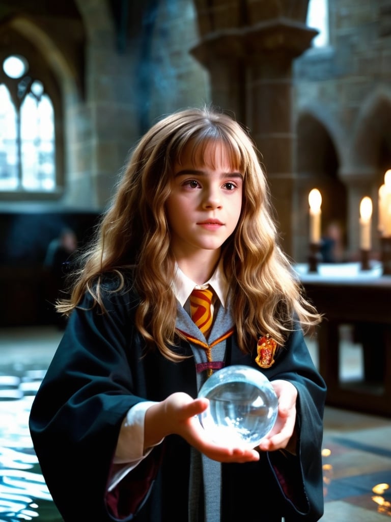 hermione11granger, photo of girl, brown long wavy hair, bangs, flat chest, front view, school robe, in hogwarts castle, casting a spell, small ball of water, water floating in the air, magical, masterpiece, photorealistic, natural lighting, best quality, natural textures